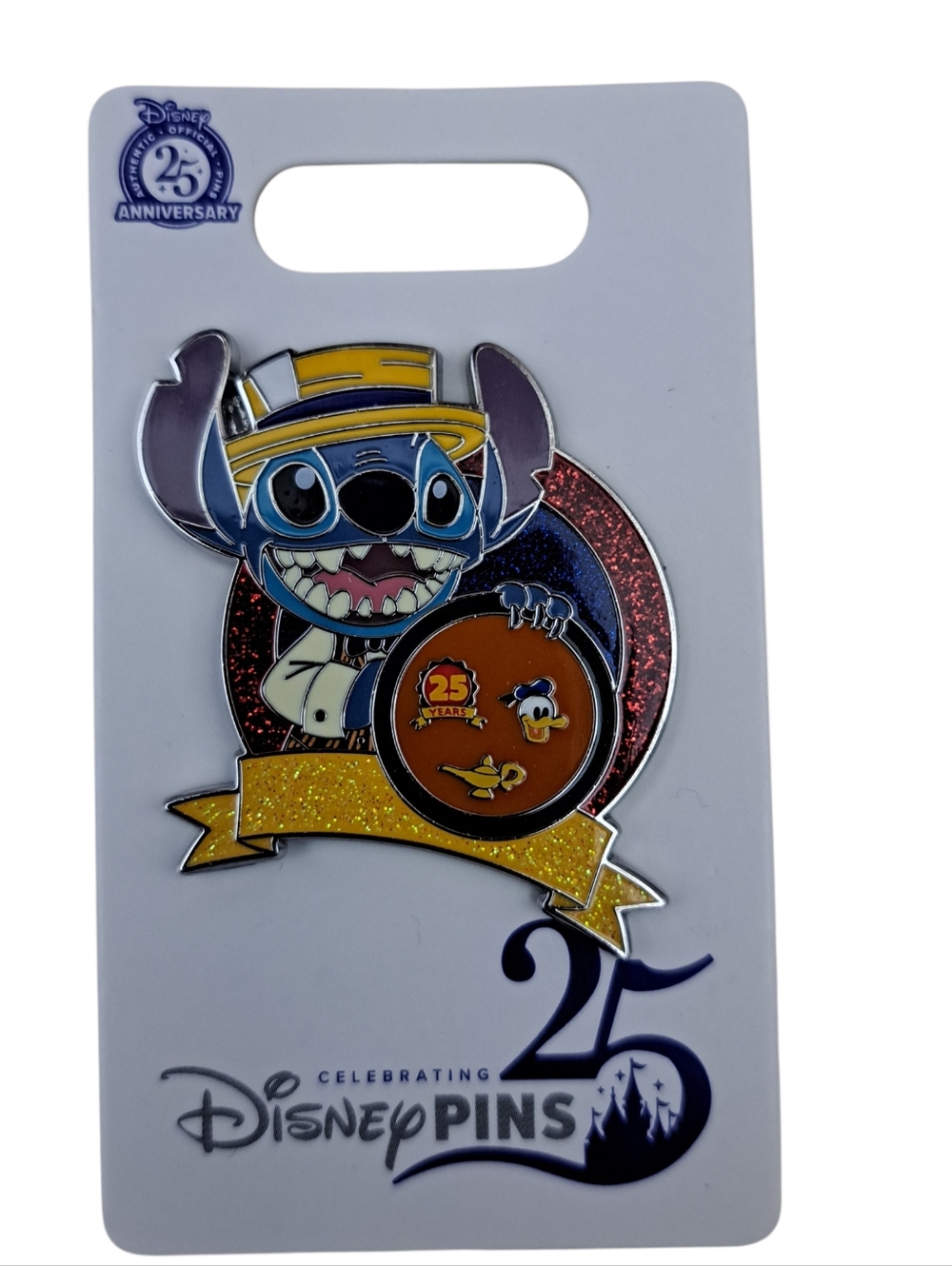 Disney Stitch 25th Anniversary Pin – Blue, Yellow & Red Glitter